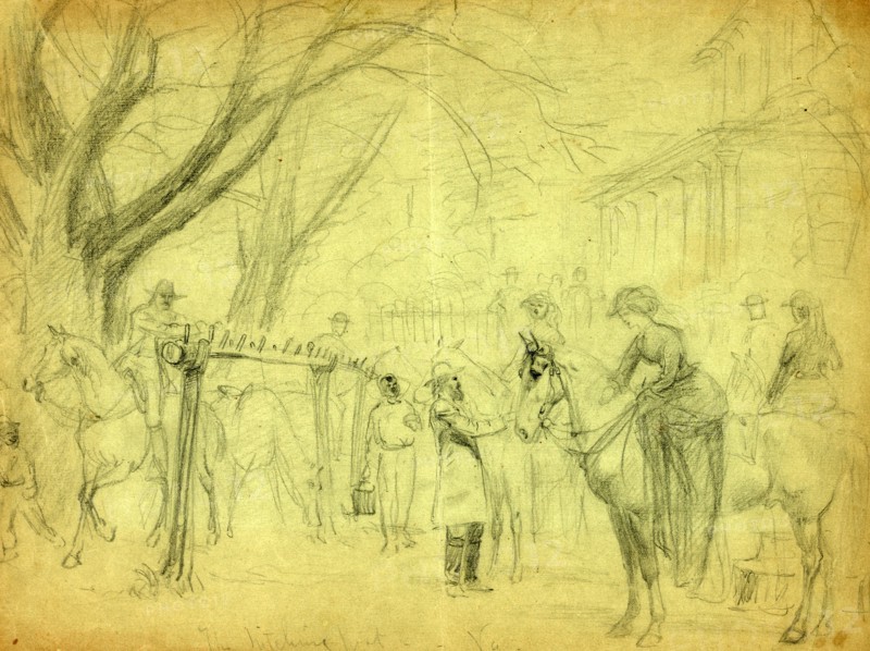 The hitching post, Va,  between 1860 and 1865, drawing on olive paper pencil, 25.1 x 33.7 cm. (sheet),  1862-1865, by Alfred R Waud, 1828-1891, an american artist famous for his American Civil War sketches, America, US