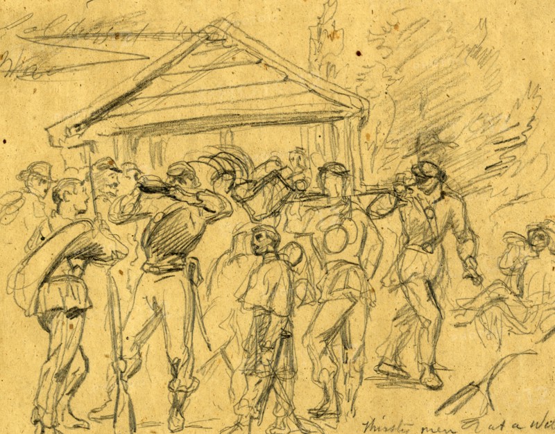 Thirsty men at a well, 1860-1865, drawing, 1862-1865, by Alfred R Waud, 1828-1891, an american artist famous for his American Civil War sketches, America, US