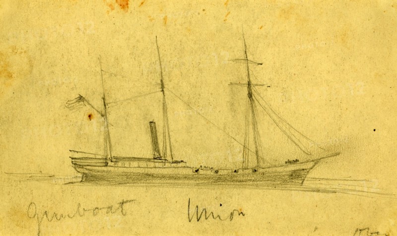 Gunboat Union, between 1860 and 1865, drawing on cream paper pencil, 10.5 x 17.6 cm. (sheet),  1862-1865, by Alfred R Waud, 1828-1891, an american artist famous for his American Civil War sketches, America, US
