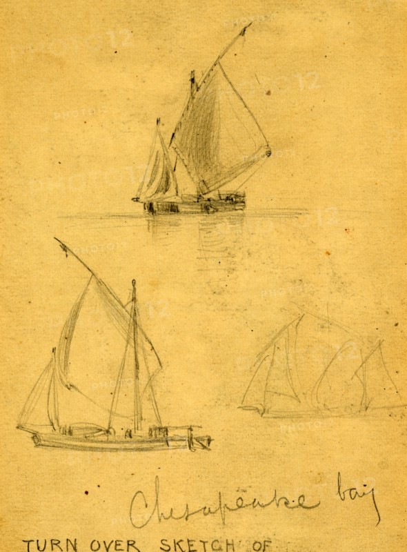 Three sailboats on Chesapeake Bay, between 1860 and 1865, drawing on cream paper pencil, 13.7 x 9.8 cm. (sheet),  1862-1865, by Alfred R Waud, 1828-1891, an american artist famous for his American Civil War sketches, America, US