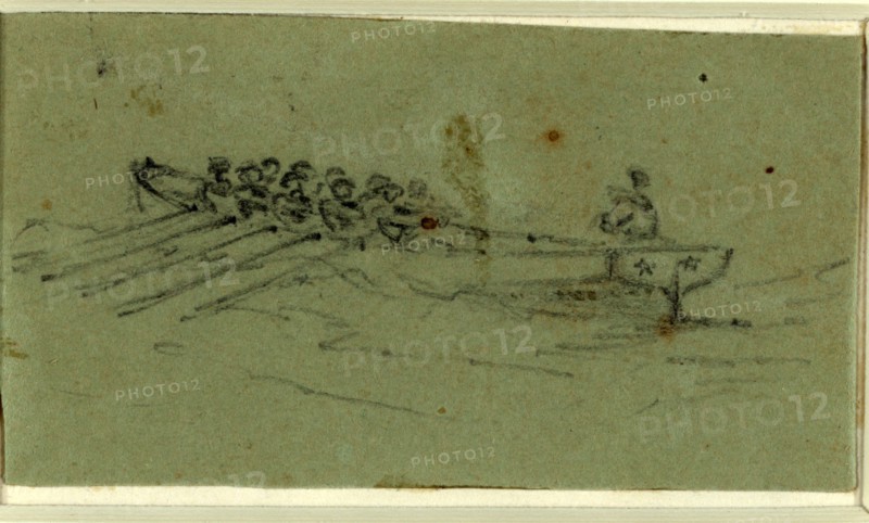 Longboat, between 1860 and 1865, drawing on olive paper pencil, 3.1 x 5.8 cm. (sheet),  1862-1865, by Alfred R Waud, 1828-1891, an american artist famous for his American Civil War sketches, America, US