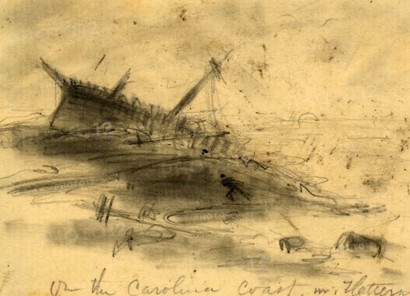 On the Carolina coast nr. Hatteras, 1861 August?, drawing on cream paper pencil, 7.8 x 11.0 cm. (sheet),  1862-1865, by Alfred R Waud, 1828-1891, an american artist famous for his American Civil War sketches, America, US