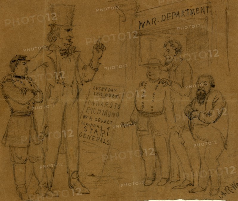 Cartoon showing Uncle Sam and General McClellan standing before a playbill which reads: Every day this week onward to Richmond by a select company of star generals, between 1861 and 1862 Winter, drawing on brown paper pencil, 15.8 x 18.9 cm. (sheet),  1862-1865, by Alfred R Waud, 1828-1891, an american artist famous for his American Civil War sketches, America, US
