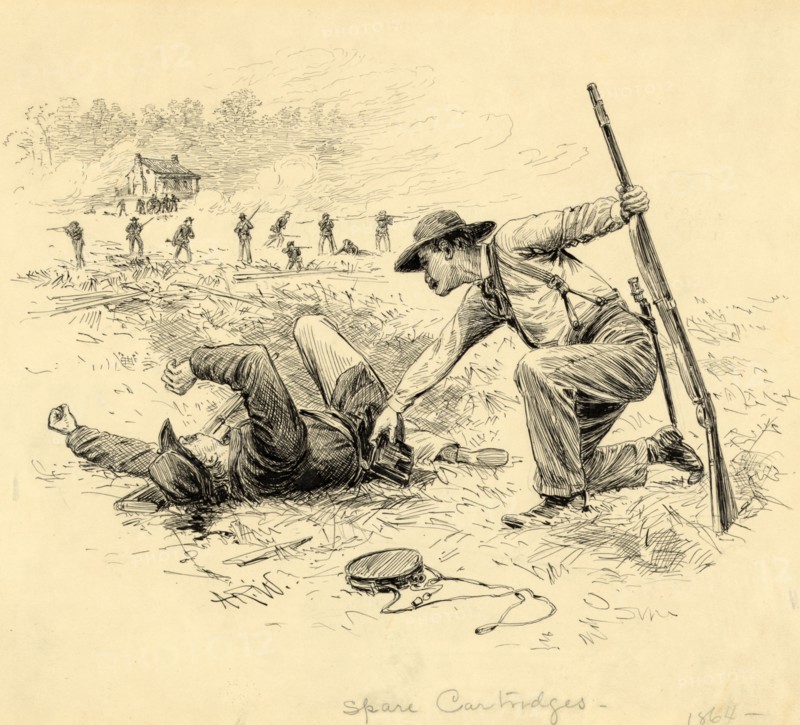 Spare cartridges, 1864, drawing on cream paper black ink, 18.9 x 20.8 cm. (sheet),  1862-1865, by Alfred R Waud, 1828-1891, an american artist famous for his American Civil War sketches, America, US