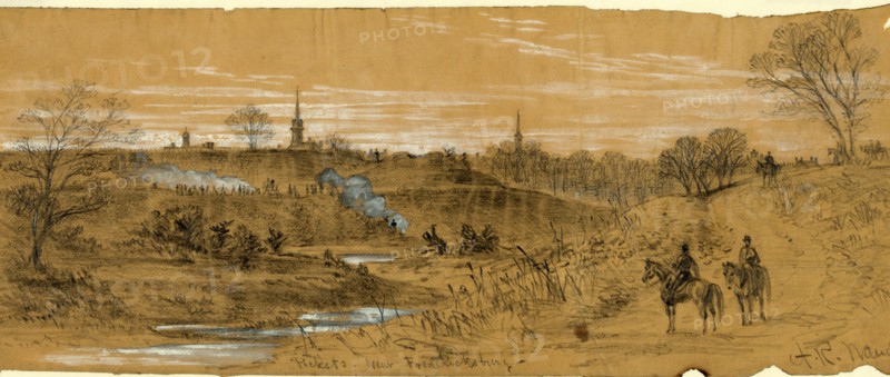 Pickets near Fredericksburg, 1862 ca. December, drawing on tan paper pencil and Chinese white, 12.3 x 32.0 cm. (sheet), 1862-1865, by Alfred R Waud, 1828-1891, an american artist famous for his American Civil War sketches, America, US