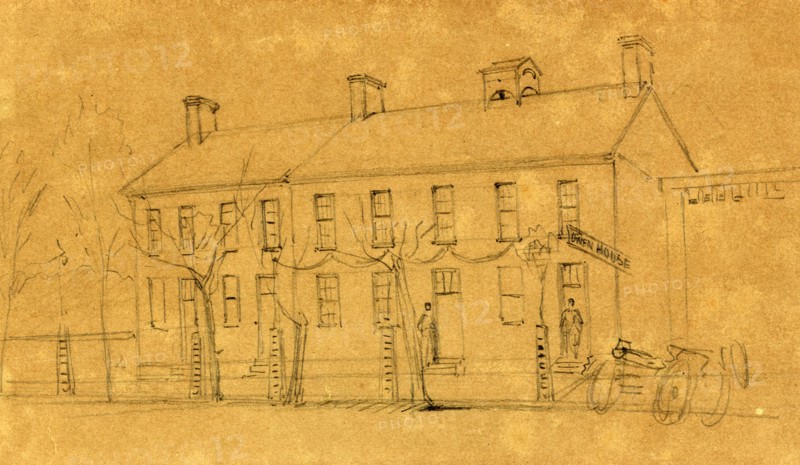 The Owen's House, Wash. D, 1865, assassination of Lincoln, drawing, 1862-1865, by Alfred R Waud, 1828-1891, an american artist famous for his American Civil War sketches, America, US