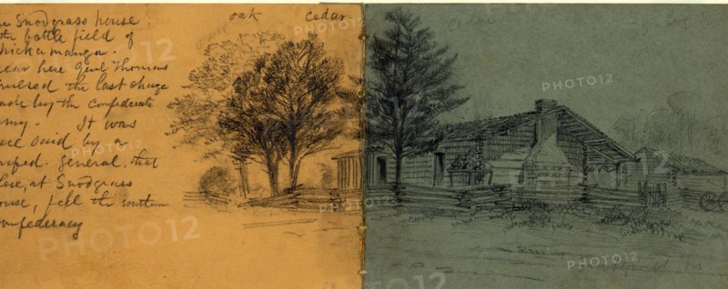 The Snodgrass House on the battlefield of Chickamauga. Near here Genl. Thomas repulsed the last charge made by the Confederate Army. It was once said by a Confed. General that There, at Snodgrass house, fell the southern confederacy, 1863 ca. August-September, drawing on half yellow and half gray-green paper pencil, 11.2 x 30.1 cm. (sheet),  1862-1865, by Alfred R Waud, 1828-1891, an american artist famous for his American Civil War sketches, America, US
