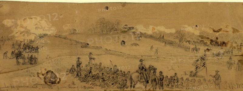 Couchs hd.quarters and afterwards center of our line of battle, 1863 May 3, drawing on tan paper pencil, brown wash, and Chinese white; 12.1 x 35.6 cm. (sheet), 1862-1865, by Alfred R Waud, 1828-1891, an american artist famous for his American Civil War sketches, America, US