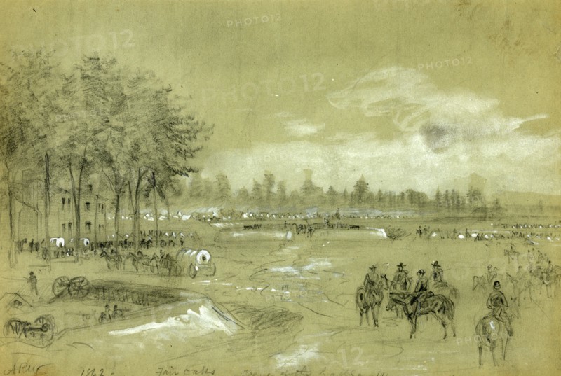 Fair Oaks, scene of the battle (drawn a day or two before the Confederate assault), 1862 ca. May 31, 1862-1865, by Alfred R Waud, 1828-1891, an american artist famous for his American Civil War sketches, America, US