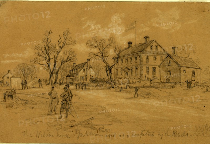 The Nelson House Yorktown used as a hospital by the rebels, 1862 May, drawing, 1862-1865, by Alfred R Waud, 1828-1891, an american artist famous for his American Civil War sketches, America, US