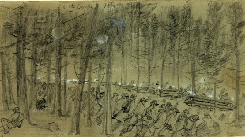 5th Corps, 7th of February 1865, drawing, 1862-1865, by Alfred R Waud, 1828-1891, an american artist famous for his American Civil War sketches, America, US