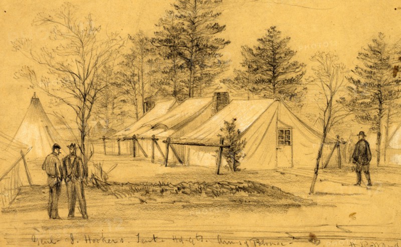 Genl. J. Hooker's. Tent Hdqts. Army of Potomac, 1863 ca. March, drawing on tan paper pencil and Chinese white, 14.3 x 24.1 cm. (sheet), 1862-1865, by Alfred R Waud, 1828-1891, an american artist famous for his American Civil War sketches, America, US