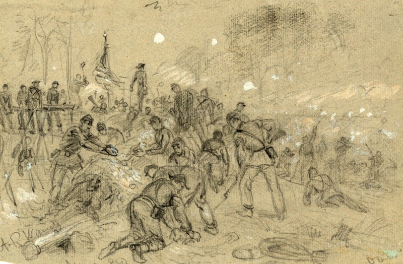 On Hancocks front the soldiers having no picks and shovels used bayonets, tin pans, old canteens, and even their hands in throwing up breastworks ARW, 1864 June, 1862-1865, by Alfred R Waud, 1828-1891, an american artist famous for his American Civil War sketches, America, US