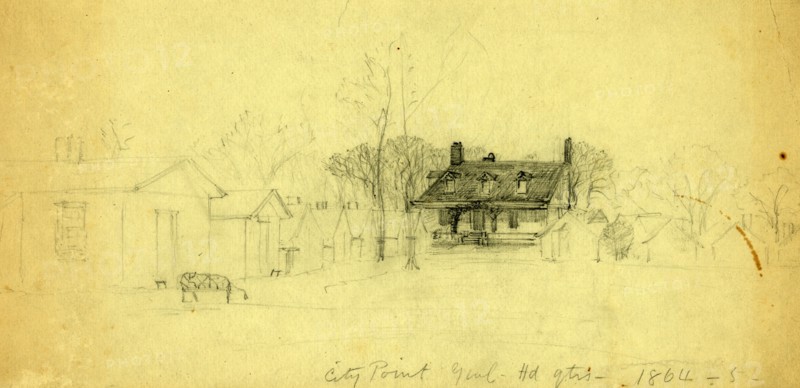City Point Genl. Hd.qts, 1864-5, 1865, drawing on light olive paper pencil, 15.8 x 34.1 cm. (sheet), 1862-1865, by Alfred R Waud, 1828-1891, an american artist famous for his American Civil War sketches, America, US