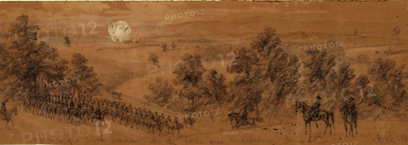 Explosion of a rebel limber at the battle near Middleburg June 21st, 1863 June 21,  drawing on brown paper pencil and Chinese white, 11.5 x 34.3 cm. (sheet), 1862-1865, by Alfred R Waud, 1828-1891, an american artist famous for his American Civil War sketches, America, US