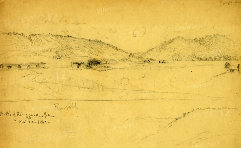 Battle of Ringgold, Ga,  Nov. 26, 1863, ca. 1863 November, drawing on cream paper pencil, 21.4 x 36.2 cm. (sheet), 1862-1865, by Alfred R Waud, 1828-1891, an american artist famous for his American Civil War sketches, America, US