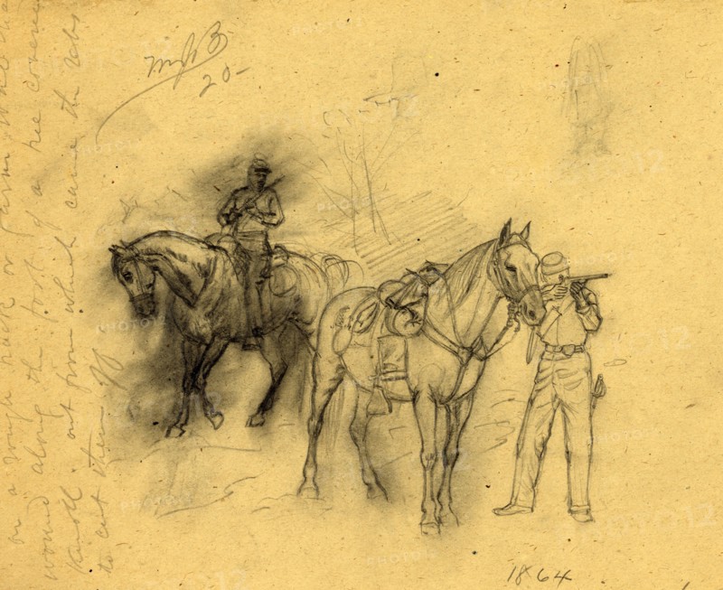 Two cavalrymen, 1864, drawing on tan paper pencil, 26.0 x 21.0 cm. (sheet), 1862-1865, by Alfred R Waud, 1828-1891, an american artist famous for his American Civil War sketches, America, US