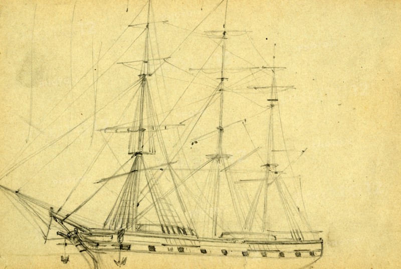 Sailing ship with three masts, 1860-1865, drawing, 1862-1865, by Alfred R Waud, 1828-1891, an american artist famous for his American Civil War sketches, America, US