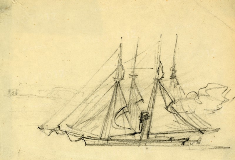 Two sailing ships, between 1860 and 1865, drawing on cream paper pencil, 7.2 x 10.8 cm. (sheet),  1862-1865, by Alfred R Waud, 1828-1891, an american artist famous for his American Civil War sketches, America, US