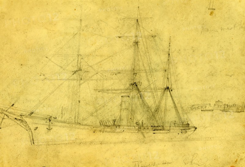 Russian ship, between 1860 and 1865, drawing on cream paper pencil, 17.4 x 26.2 cm. (sheet),  1862-1865, by Alfred R Waud, 1828-1891, an american artist famous for his American Civil War sketches, America, US