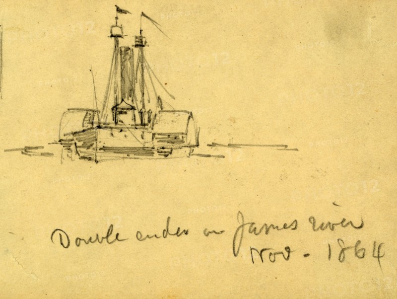 Double ender on James River, Nov. 1864, 1864 November, drawing on cream paper pencil, 8.9 x 11.9 cm. (sheet), 1862-1865, by Alfred R Waud, 1828-1891, an american artist famous for his American Civil War sketches, America, US