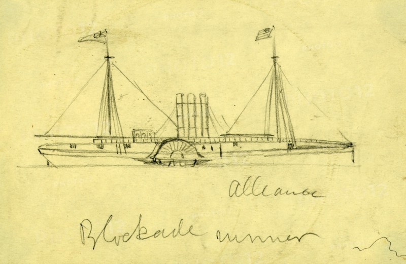Alliance, blockade runner, between 1860 and 1865, drawing on cream paper pencil, 12.5 x 19.6 cm. (sheet), 1862-1865, by Alfred R Waud, 1828-1891, an american artist famous for his American Civil War sketches, America, US