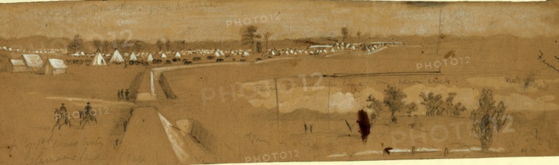 Camp of 1st Mass. Arty, Harrisons landing, 1862 July, drawing on tan paper pencil and Chinese white, 9.8 x 36.2 cm. (sheet), 1862-1865, by Alfred R Waud, 1828-1891, an american artist famous for his American Civil War sketches, America, US
