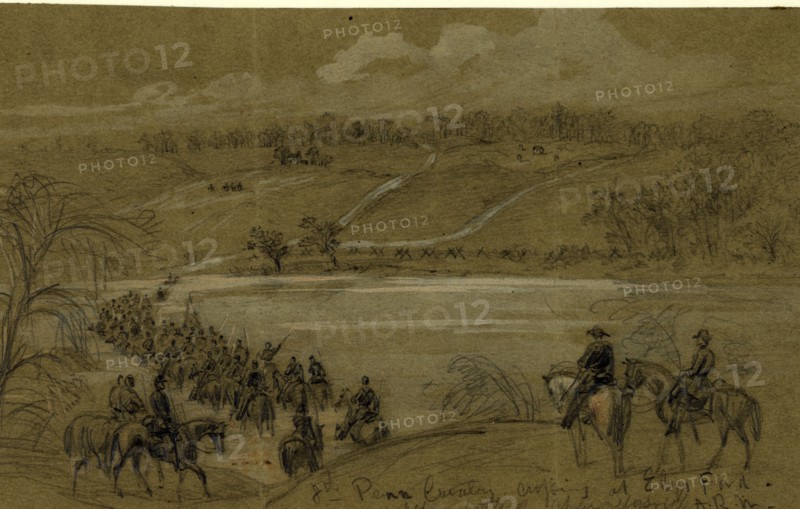 8th Penn Cavalry, crossing at Ely's Ford, before battle of Chancellorsville, 1863 April-May, drawing on olive paper pencil and Chinese white, 14.1 x 23.6 cm. (sheet), 1862-1865, by Alfred R Waud, 1828-1891, an american artist famous for his American Civil War sketches, America, US