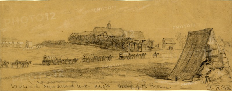 Stables and Negro servants tent, hd.qtrs Army of the Potomac, 1863 ca. March, drawing on tan paper pencil and Chinese white, 8.9 x 24.3 cm. (sheet), 1862-1865, by Alfred R Waud, 1828-1891, an american artist famous for his American Civil War sketches, America, US