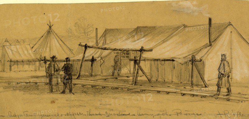 Adjutant Generals office head quarters, Army of the Potomac, 1863 ca. March, drawing on tan paper pencil and Chinese white, 9.6 x 21.7 cm. (sheet), 1862-1865, by Alfred R Waud, 1828-1891, an american artist famous for his American Civil War sketches, America, US