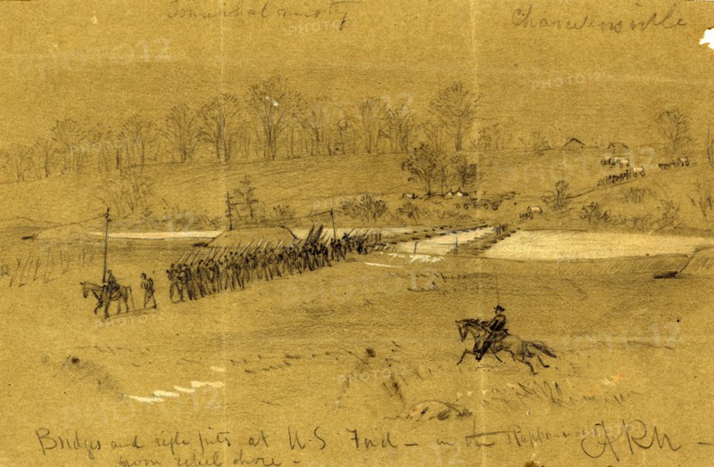 Bridges and rifle pits at U.S. Ford, in the Rappahannock from rebel shore, 1863 between April and May?, drawing on olive paper pencil and Chinese white, 15.3 x 24.0 cm. (sheet), 1862-1865, by Alfred R Waud, 1828-1891, an american artist famous for his American Civil War sketches, America, US