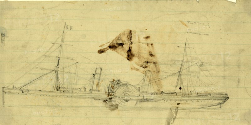 Steamship with sidewheel and two masts, between 1860 and 1865, drawing on cream lined paper pencil, 9.6 x 20.3 cm. (sheet), 1862-1865, by Alfred R Waud, 1828-1891, an american artist famous for his American Civil War sketches, America, US
