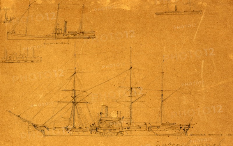 Five broadside views of steamships and a sailboat, between 1860 and 1865, drawing on brown paper pencil, 15.3 x 24.9 cm. (sheet), 1862-1865, by Alfred R Waud, 1828-1891, an american artist famous for his American Civil War sketches, America, US