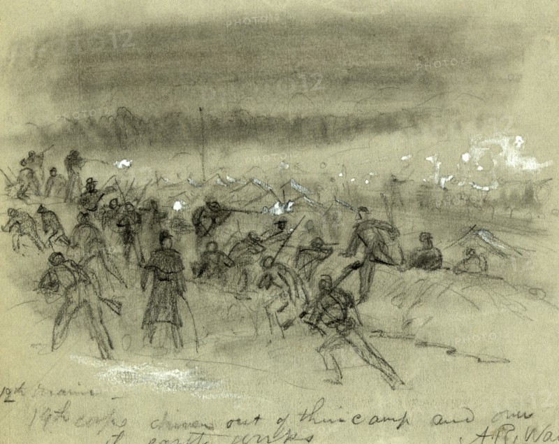 12th Maine, 19th corps driven out of their camp and over the earth works, between 1864 July and 1865 January, 1862-1865, by Alfred R Waud, 1828-1891, an american artist famous for his American Civil War sketches, America, US