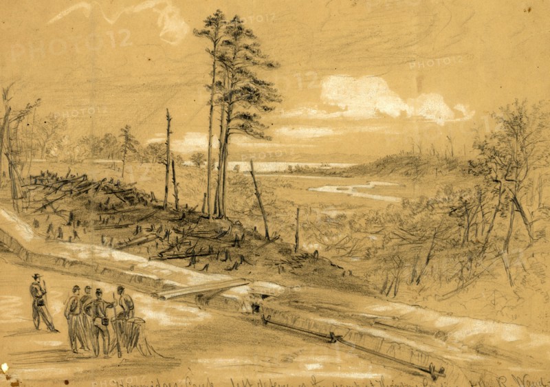 Kimmidges Creek, left defence of the camp at Harrisons Landing, 1862 July-August, drawing on tan paper pencil and Chinese white, 21.8 x 31.9 cm. (sheet), 1862-1865, by Alfred R Waud, 1828-1891, an american artist famous for his American Civil War sketches, America, US