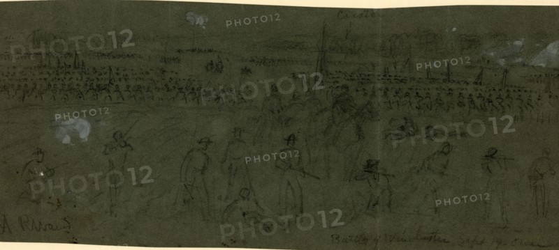 Battle of Winchester Sept 19 1864, drawing, 1862-1865, by Alfred R Waud, 1828-1891, an american artist famous for his American Civil War sketches, America, US