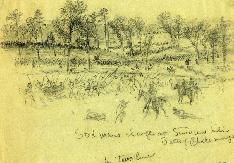 Steedmans charge at Snodgrass hill, Battle of Chickamauga, 1863 September 19-20, drawing on green paper pencil, 21.8 x 30.9 cm. (sheet), 1862-1865, by Alfred R Waud, 1828-1891, an american artist famous for his American Civil War sketches, America, US