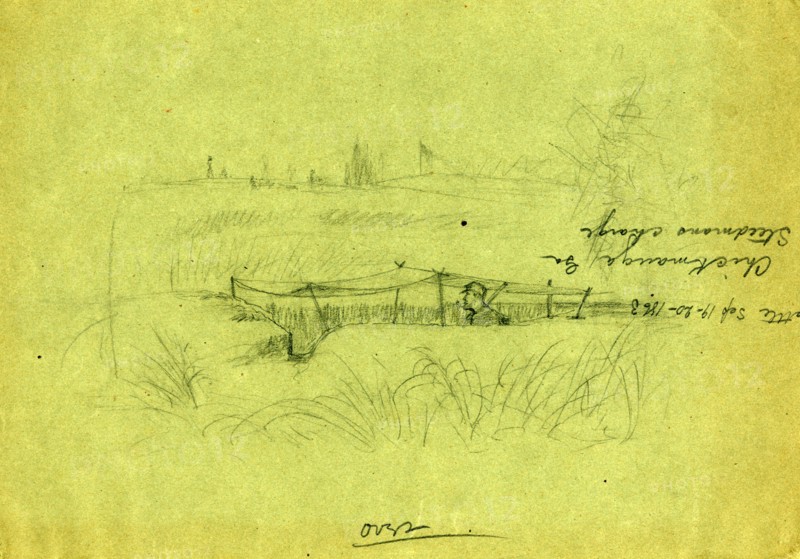 Soldier standing in a rifle pit covered by a canopy, 1865 ca. April, drawing on green paper pencil, 21.8 x 30.9 cm. (sheet), 1862-1865, by Alfred R Waud, 1828-1891, an american artist famous for his American Civil War sketches, America, US