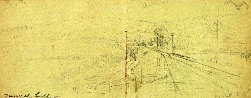 Tunnel Hill, between 1860 and 1865, drawing on olive paper pencil, 11.2 x 30.2 cm. (sheet), 1862-1865, by Alfred R Waud, 1828-1891, an american artist famous for his American Civil War sketches, America, US