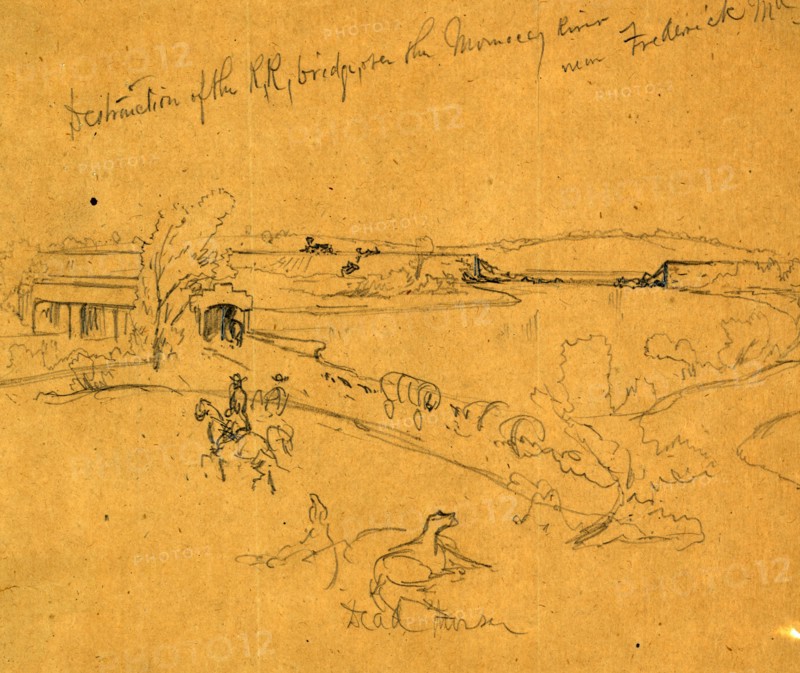 Destruction of the R.R. bridge, over the Monocacy River near Frederick, Md, 1864 July 9, drawing on tan paper pencil, 18.8. x 22.7 cm. (sheet), 1862-1865, by Alfred R Waud, 1828-1891, an american artist famous for his American Civil War sketches, America, US