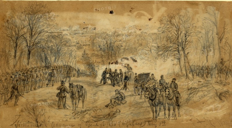 Victorious Advance of Genl. Sykes (regulars) May 1st 1863, drawing, 1862-1865, by Alfred R Waud, 1828-1891, an american artist famous for his American Civil War sketches, America, US