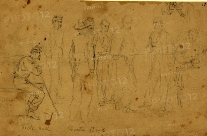 Sick call, Doctor Boyd, between 1860 and 1865, drawing on light brown paper pencil, 14.9 x 23.8 cm. (sheet), 1862-1865, by Alfred R Waud, 1828-1891, an american artist famous for his American Civil War sketches, America, US