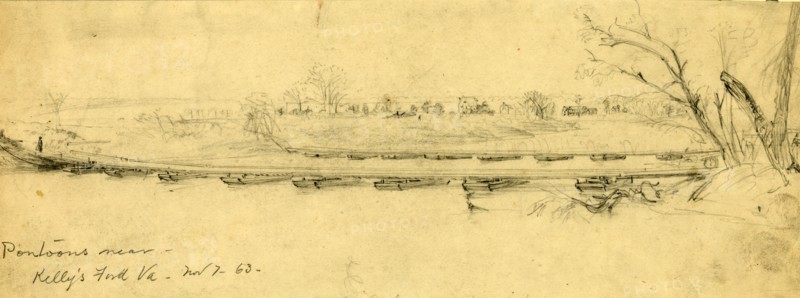 Pontoons near Kelly's Ford Va., 1863 November 7, drawing on cream paper pencil, 11.4 x 32.7 cm. (sheet), 1862-1865, by Alfred R Waud, 1828-1891, an american artist famous for his American Civil War sketches, America, US