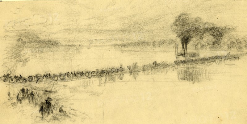 Cavalry riding across a pontoon bridge, 1860-1865, drawing, 1862-1865, by Alfred R Waud, 1828-1891, an american artist famous for his American Civil War sketches, America, US