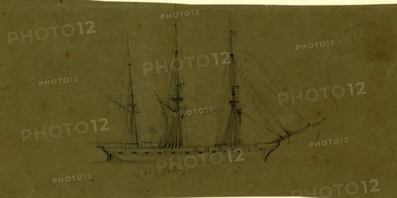 Supply, Broadside view of frigate, 1860-1865, drawing, 1862-1865, by Alfred R Waud, 1828-1891, an american artist famous for his American Civil War sketches, America, US