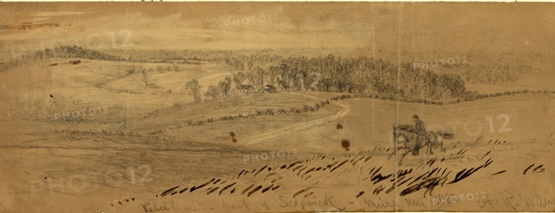 Rebel line in front of Sedgwick, Mine Run 1863, 1863 November 26-December 1, drawing on tan paper pencil, Chinese white, and brown wash, 12.7 x 35.2 cm. (sheet), 1862-1865, by Alfred R Waud, 1828-1891, an american artist famous for his American Civil War sketches, America, US