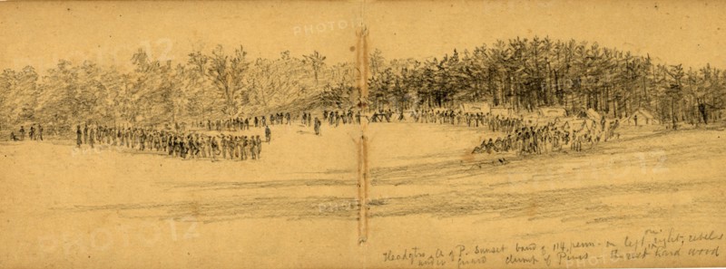 Headqtrs, A. of P. Sunset band of 114. Penn, on left, on right, rebels under guard, between 1860 and 1865, drawing on tan paper pencil, 8.8 x 25.5 cm. (sheet), 1862-1865, by Alfred R Waud, 1828-1891, an american artist famous for his American Civil War sketches, America, US