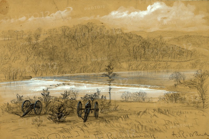 Taylor's Dam on the Rappahannock, between 1860 and 1865, drawing on tan paper pencil and Chinese white, 15.7 x 24.3 cm. (sheet), 1862-1865, by Alfred R Waud, 1828-1891, an american artist famous for his American Civil War sketches, America, US
