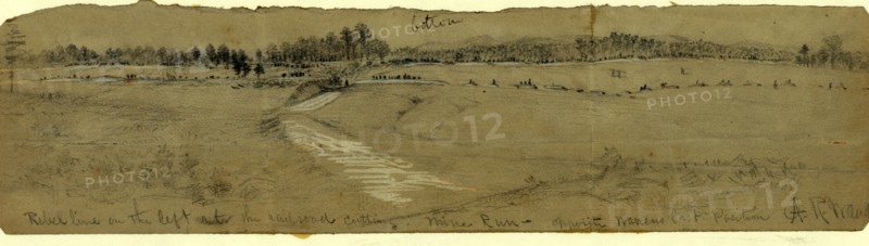 Rebel line on the left at the railroad cutting. Mine Run, opposite Warrens last position, 1863 December, drawing on brown paper pencil and Chinese white, 8.4 x 35.4 cm. (sheet), 1862-1865, by Alfred R Waud, 1828-1891, an american artist famous for his American Civil War sketches, America, US
