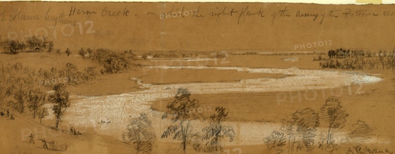 Heron Creek on which the right flank of the Army of the Potomac rests, 1862 July, drawing on tan paper, pencil and Chinese white, 13.0 x 35.8 cm. (sheet), 1862-1865, by Alfred R Waud, 1828-1891, an american artist famous for his American Civil War sketches, America, US